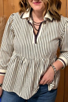 Black Stripe Patchwork Striped V Neck Tunic Plus Size Blouse - Image 3