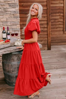 Bright Green Solid Color V Neck Short Puff Sleeve High Waist Tiered Maxi Dress Bright Green Solid Color V Neck Short Puff Sleeve High Waist Tiered Maxi Dress - Image 6