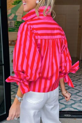 Blue Stripe Tie Puff Sleeve Womens Button Down Shirt Blue Stripe Tie Puff Sleeve Womens Button Down Shirt - Image 5