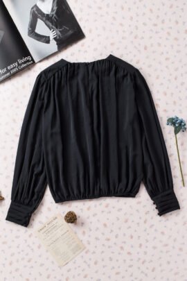 Black Padded Shoulder Buttoned Cuffs Pleated Loose Blouse - Image 7