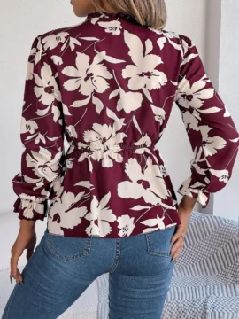 Floral Print Mock Neck Peplum Blouse - Image 14