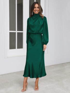 Elegant Temperament Long-sleeved Dress Satin Halterneck Formal Evening Dresses Women Clothing Elegant Temperament Long-sleeved Dress Satin Halterneck Formal Evening Dresses Women Clothing - Image 3