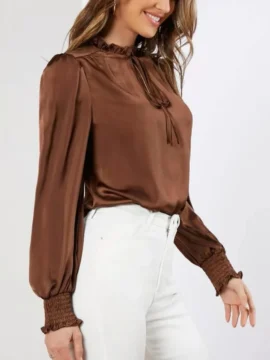 Satin Tie Neck Lantern Sleeve Blouse - Image 3