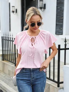 Eyelet Lace Tie Neck Flutter Sleeve Blouse Eyelet Lace Tie Neck Flutter Sleeve Blouse - Image 2
