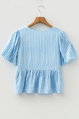 Sky Blue Stripe Bow Knot Textured Short Puff Sleeve Babydoll Blouse Sky Blue Stripe Bow Knot Textured Short Puff Sleeve Babydoll Blouse - Image 6
