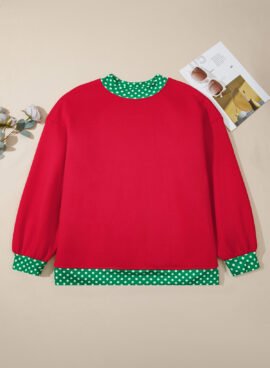 Racing Red Polka Dot Patchwork Round Neck Plus Size Sweatshirt - Image 4