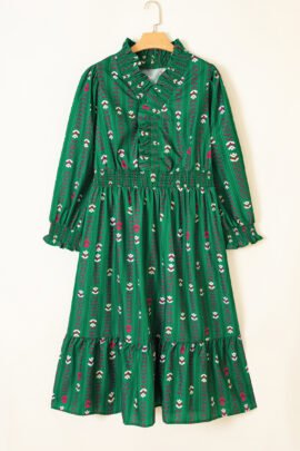Green Floral Print V Neck Long Sleeve Shift Plus Size Dress Green Floral Print V Neck Long Sleeve Shift Plus Size Dress - Image 2