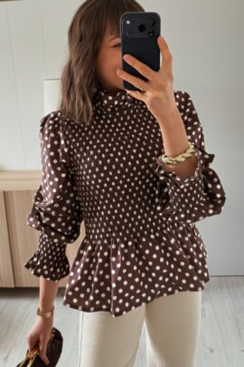 Brown Polka Dot Ruffled High Neck Shirred Ruffle Hem Blouse Brown Polka Dot Ruffled High Neck Shirred Ruffle Hem Blouse - Image 4