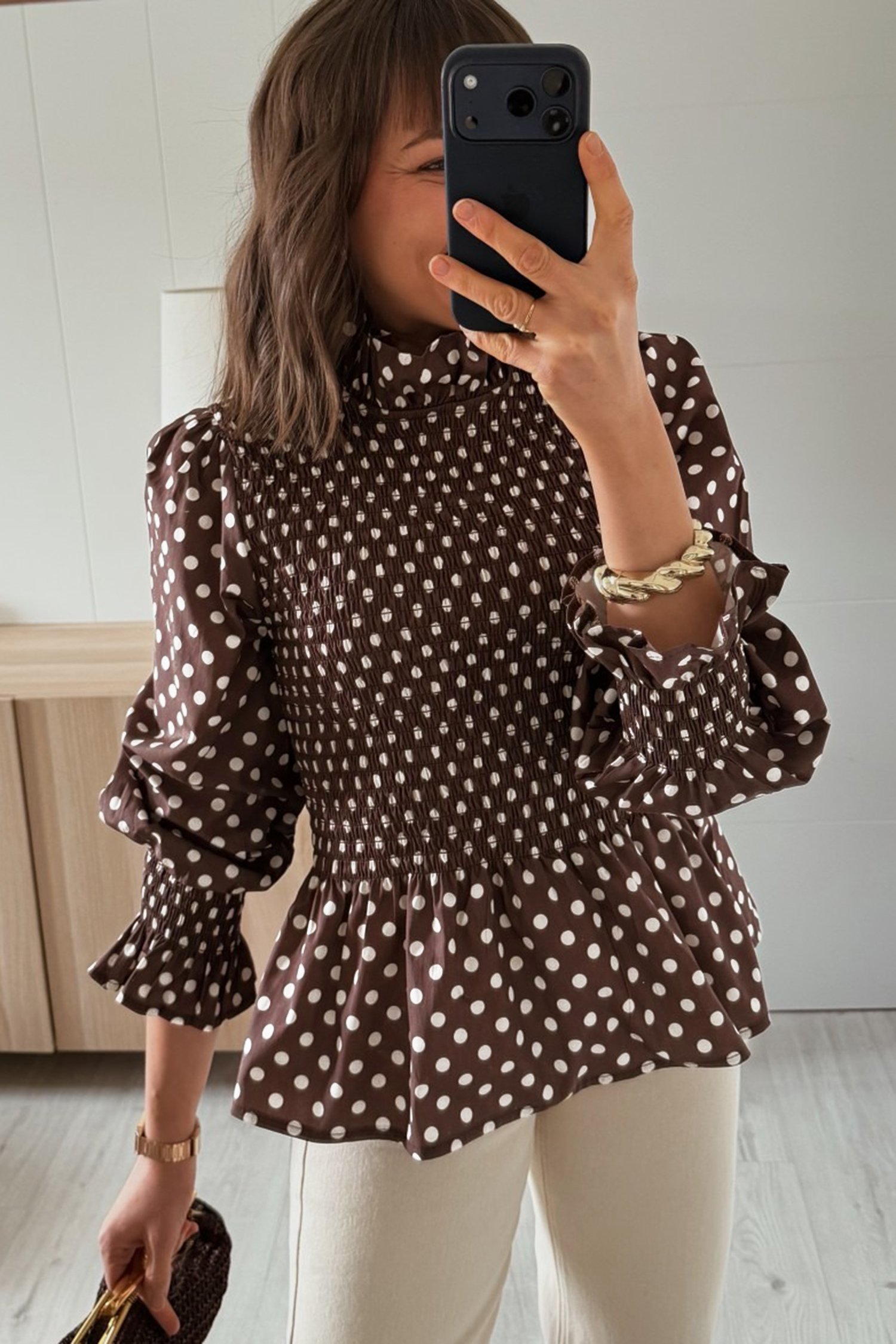 Brown Polka Dot Ruffled High Neck Shirred Ruffle Hem Blouse Brown Polka Dot Ruffled High Neck Shirred Ruffle Hem Blouse - Image 4