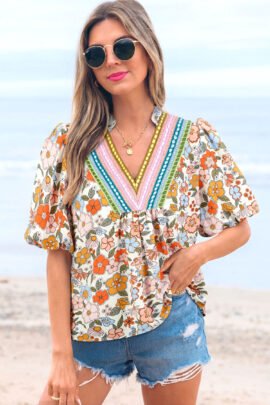 Multicolour Crochet V Neckline Puff Sleeve Boho Flower Blouse Multicolour Crochet V Neckline Puff Sleeve Boho Flower Blouse - Image 3