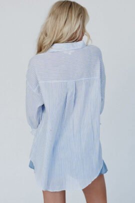 Sky Blue Stripe Striped Buttoned up Long Sleeve Shirt Sky Blue Stripe Striped Buttoned up Long Sleeve Shirt - Image 2