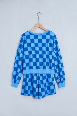 Dark Blue Plaid Checkered Long Sleeve Crop Top Elastic Waist Shorts Two Piece Set Dark Blue Plaid Checkered Long Sleeve Crop Top Elastic Waist Shorts Two Piece Set - Image 3
