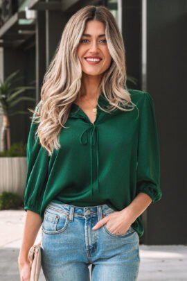 Fiery Red Solid Color Frilled V Neck Bow Detail 3/4 Sleeve Blouse Fiery Red Solid Color Frilled V Neck Bow Detail 3/4 Sleeve Blouse - Image 4