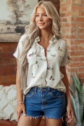 White Mallard Printed Button Flap Pocket Short Sleeve Shirt White Mallard Printed Button Flap Pocket Short Sleeve Shirt - Image 6