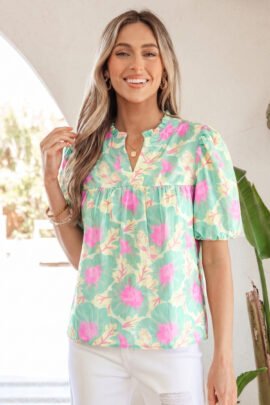 Pink Short Bubble Sleeve Summer Floral Blouse Pink Short Bubble Sleeve Summer Floral Blouse - Image 9