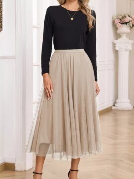 Tulle Mesh Overlay Flared Midi Skirt 0e806657-28ce-419b-ac84-75f3dd64d87d-Max-Origin