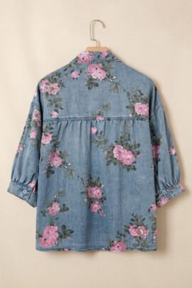 Blue Bracelet Sleeve Floral Denim Shirt - Image 3
