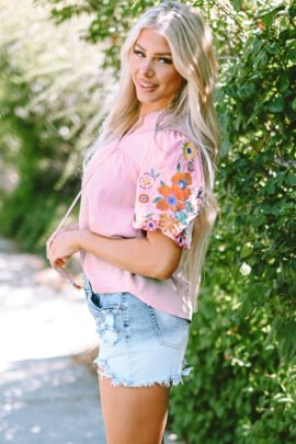 Beau Blue Floral Embroidered Puff Sleeve Split Neck Blouse Beau Blue Floral Embroidered Puff Sleeve Split Neck Blouse - Image 6