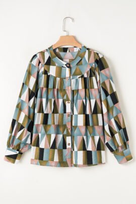 Green Geometric Print Buttoned Balloon Sleeve Loose Fit Shirt Green Geometric Print Buttoned Balloon Sleeve Loose Fit Shirt - Image 6