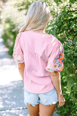 Beau Blue Floral Embroidered Puff Sleeve Split Neck Blouse Beau Blue Floral Embroidered Puff Sleeve Split Neck Blouse - Image 5