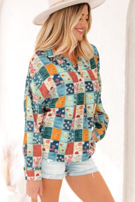 Sky Blue Floral Collared V Neck Roll up Sleeve Shift Blouse Sky Blue Floral Collared V Neck Roll up Sleeve Shift Blouse - Image 4