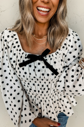 Black Polka Dot Puff Sleeve Bow Square Neck Peplum Top - Image 8
