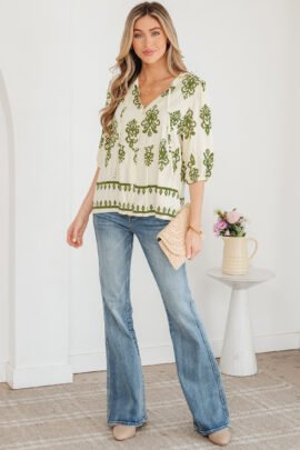 Apricot Floral Print Tie V Neck Button Down Puffy Half Sleeve Shirt - Image 5