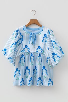 Sky Blue Floral Print Tie Neck Puff Sleeve Blouse Sky Blue Floral Print Tie Neck Puff Sleeve Blouse - Image 5