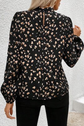 White Leopard Print Lantern Sleeve Mock Neck Pleated Blouse - Image 5
