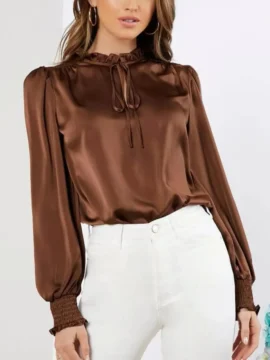 Satin Tie Neck Lantern Sleeve Blouse - Image 2