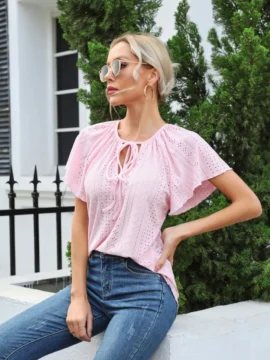 Eyelet Lace Tie Neck Flutter Sleeve Blouse Eyelet Lace Tie Neck Flutter Sleeve Blouse - Image 3