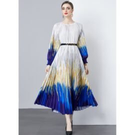 Tie Dye Pleated Maxi Dress Long Sleeve
