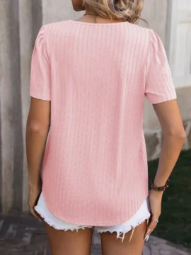 Square Neck Pleated Knit Summer Blouse - Image 17