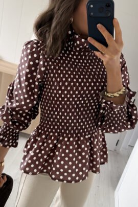 Brown Polka Dot Ruffled High Neck Shirred Ruffle Hem Blouse Brown Polka Dot Ruffled High Neck Shirred Ruffle Hem Blouse - Image 3