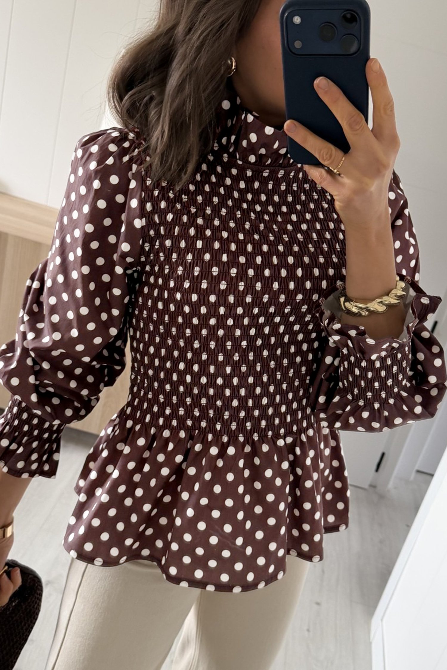 Brown Polka Dot Ruffled High Neck Shirred Ruffle Hem Blouse Brown Polka Dot Ruffled High Neck Shirred Ruffle Hem Blouse - Image 3