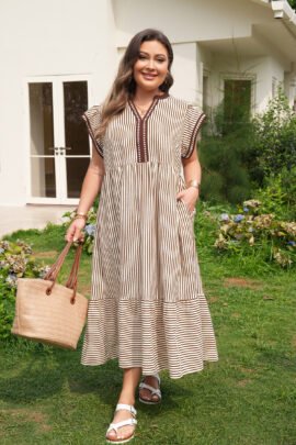 Brown Stripe Plus Size Slit V Neck Tiered Flutter Sleeve Maxi Dress
