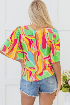 Multicolour Abstract Print Keyhole Back Pleated Half Sleeve Blouse Multicolour Abstract Print Keyhole Back Pleated Half Sleeve Blouse - Image 2