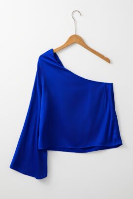 Dark Blue Asymmetric One Shoulder Bell Sleeve Satin Blouse Dark Blue Asymmetric One Shoulder Bell Sleeve Satin Blouse - Image 6
