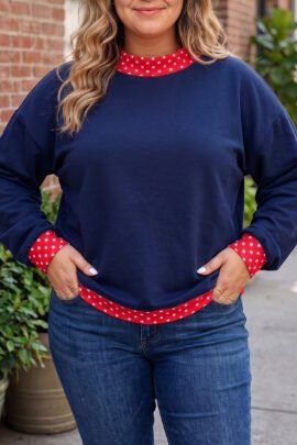 Racing Red Polka Dot Patchwork Round Neck Plus Size Sweatshirt - Image 13