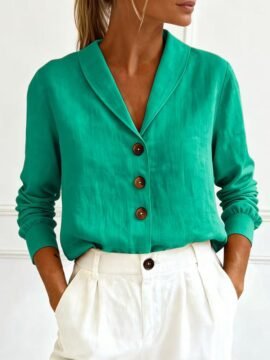 Linen Look Shawl Collar Long Sleeve Blouse Linen Look Shawl Collar Long Sleeve Blouse - Image 7
