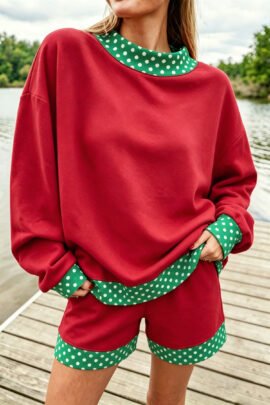 Dark Blue Polka Dot Trim Baggy Pullover 2pcs Short Set - Image 30