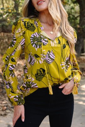 Yellow Vintage Floral V Neck Ruffle Trim Long Sleeve Blouse - Image 7