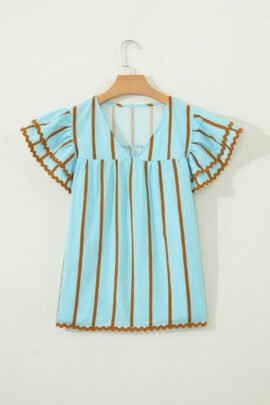 Sky Blue Stripe Ricrac Trim Double Ruffled Short Sleeve V Neck Blouse - Image 5