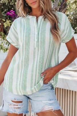 Green Breathable Gauze Half Button Short Sleeve Casual Blouse