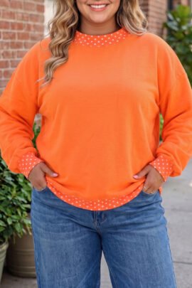 Racing Red Polka Dot Patchwork Round Neck Plus Size Sweatshirt - Image 26
