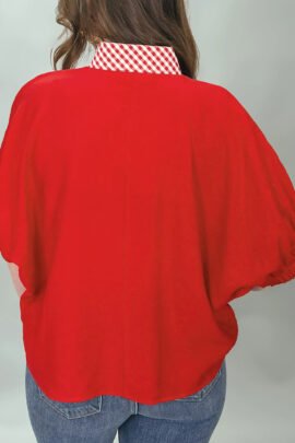 Red V Neck Plaid Collar Short Sleeve Tunic Blouse Red V Neck Plaid Collar Short Sleeve Tunic Blouse - Image 5