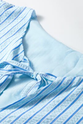 Sky Blue Stripe Bow Knot Textured Short Puff Sleeve Babydoll Blouse Sky Blue Stripe Bow Knot Textured Short Puff Sleeve Babydoll Blouse - Image 7