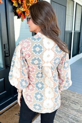 Khaki Geometric Print Tassel Tie Split Neck Balloon Sleeve Blouse - Image 2