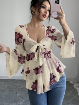 Sweet Floral Ombre Tie-Back Square Neck Long Sleeve Blouse Sweet Floral Ombre Tie-Back Square Neck Long Sleeve Blouse - Image 12