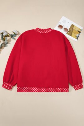 Racing Red Polka Dot Patchwork Round Neck Plus Size Sweatshirt - Image 52